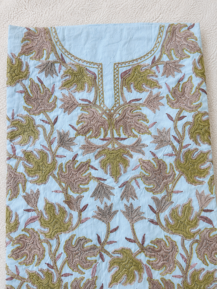 Chinar Motif Kashmiri Aari 2 Piece Unstitched Suit | Light Turquoise