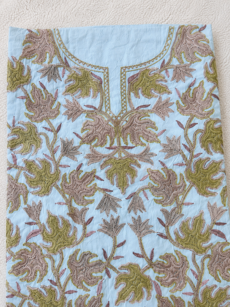 Chinar Motif Kashmiri Aari 2 Piece Unstitched Suit | Light Turquoise