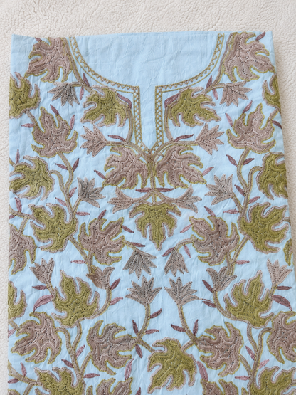Chinar Motif Kashmiri Aari 2 Piece Unstitched Suit | Light Turquoise