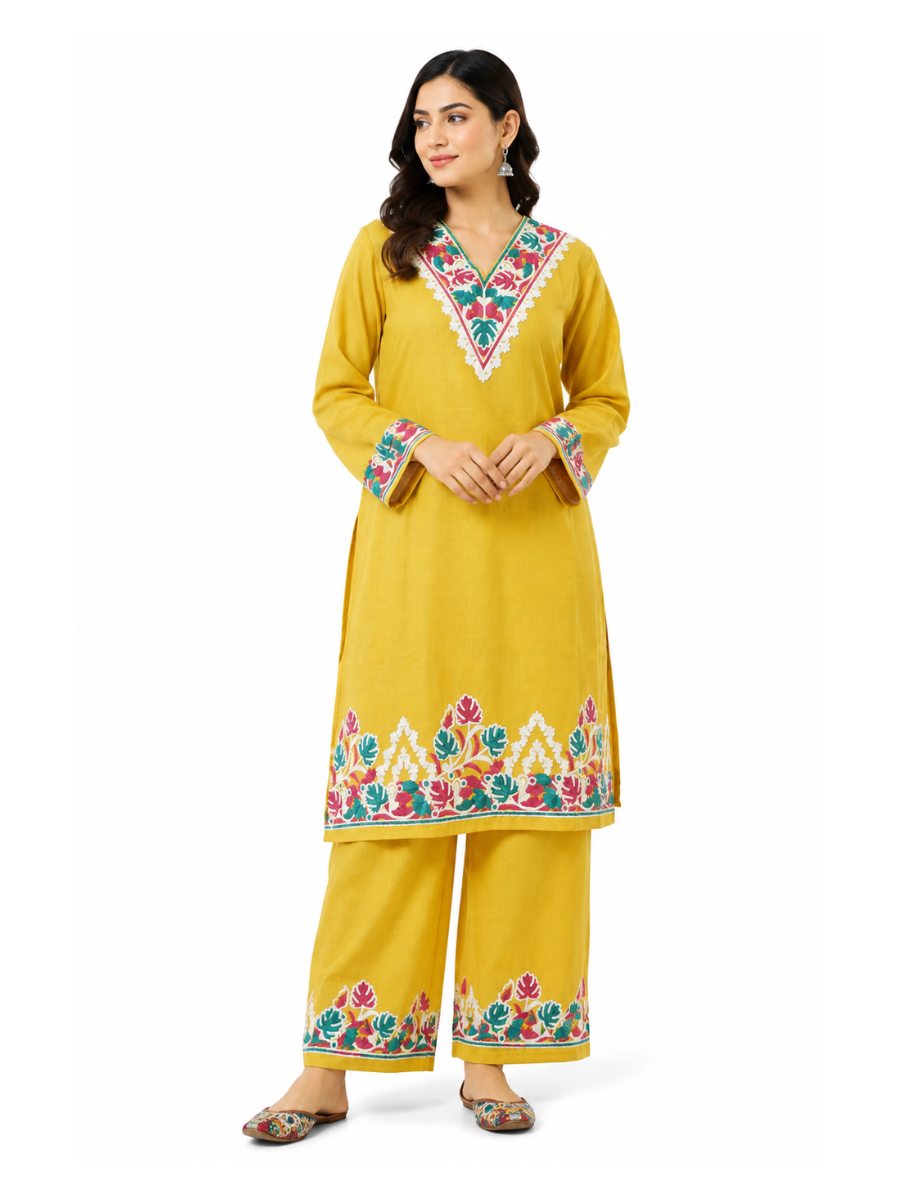 Noor : Aari embroidery summer Co-Ord Set | Gold