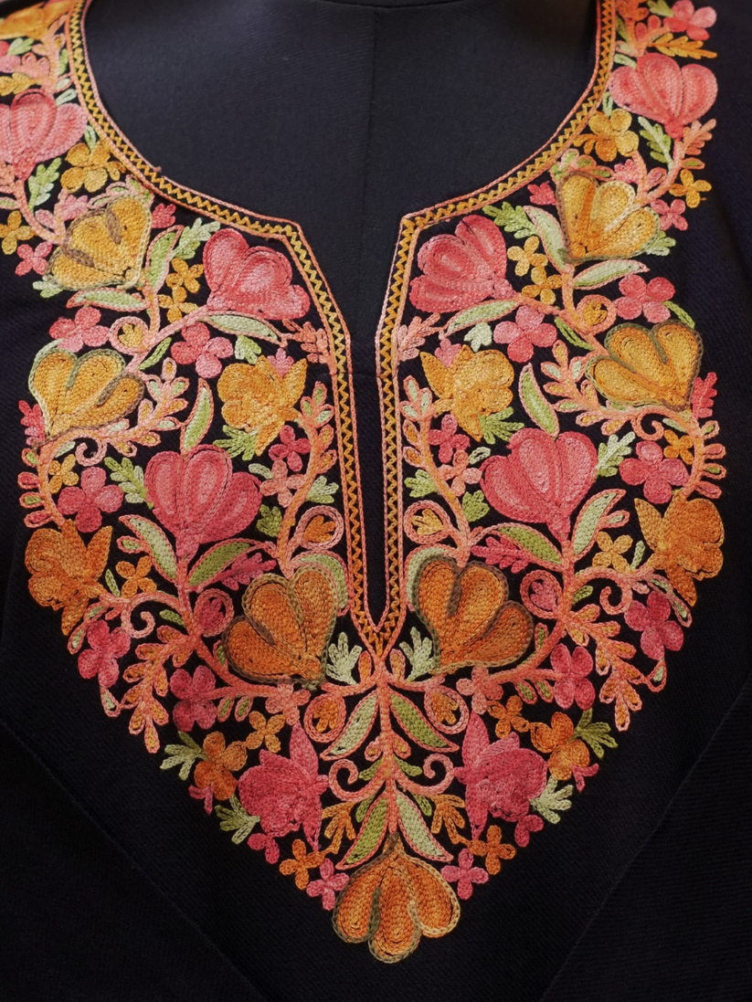 Black Kashmiri Pheran with Pink & Orange Floral Embroidery – KAARKASH