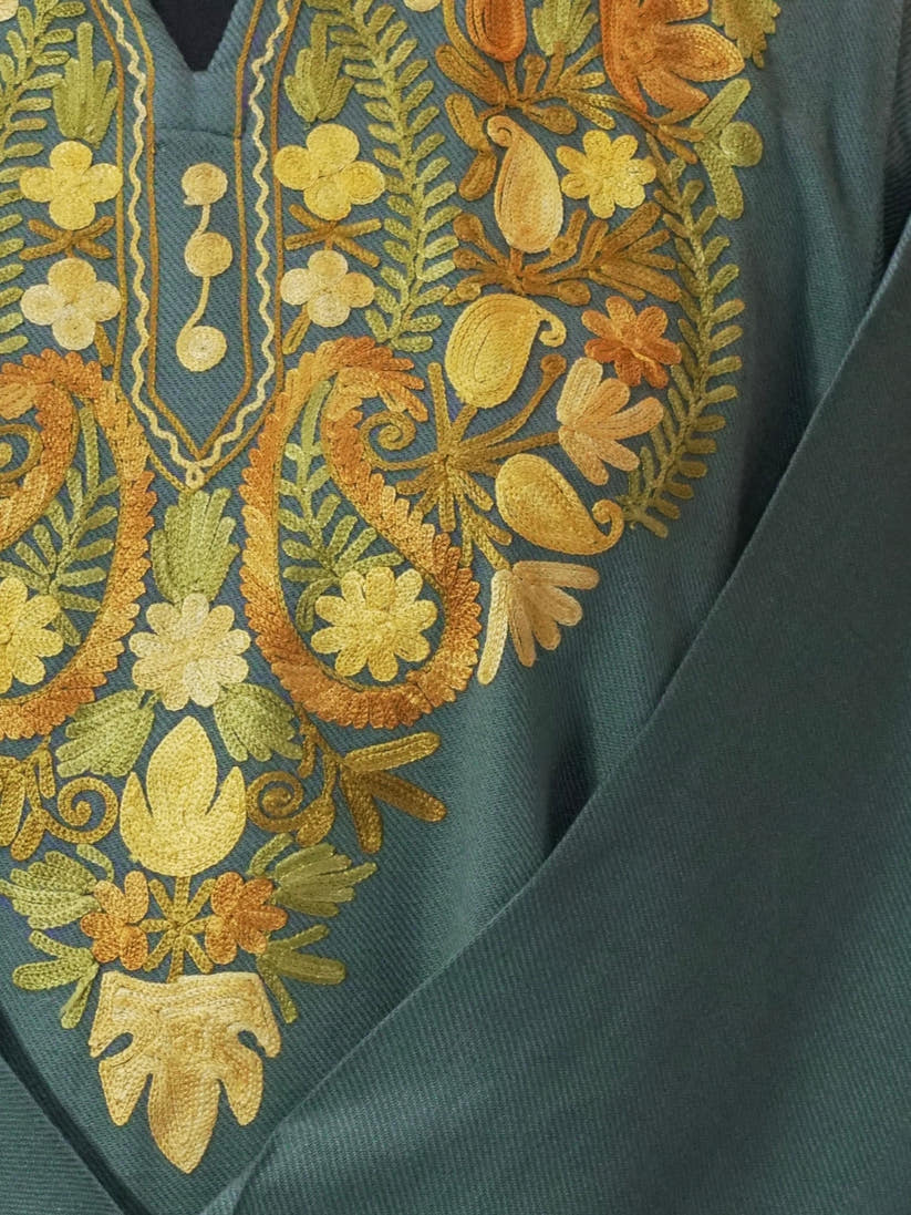 Dark Green Kashmiri Pheran with Golden Floral Embroidery – KAARKASH