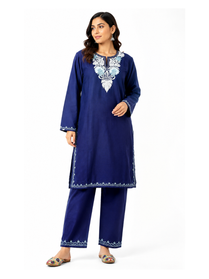 Kashmiri Manual Aari worked Cotton Co-Ord Set | Royal Indigo