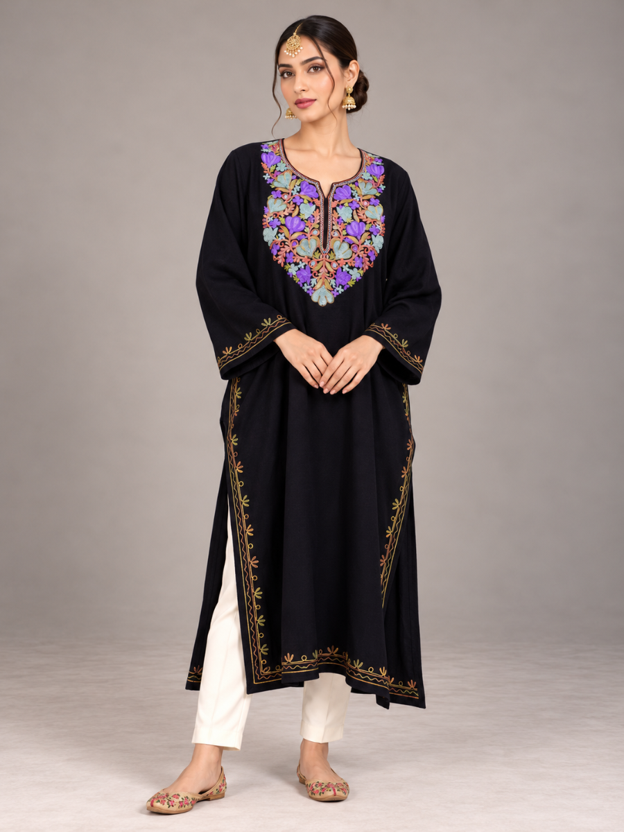 Black Kashmiri Pheran with Purple & Aqua Floral Embroidery – KAARKASH