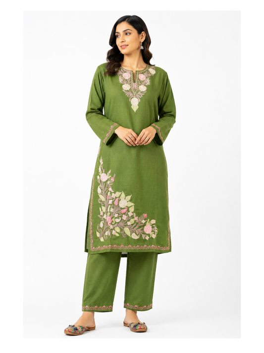 Kashmir Aari cotton Co-Ord Set | Dark Green