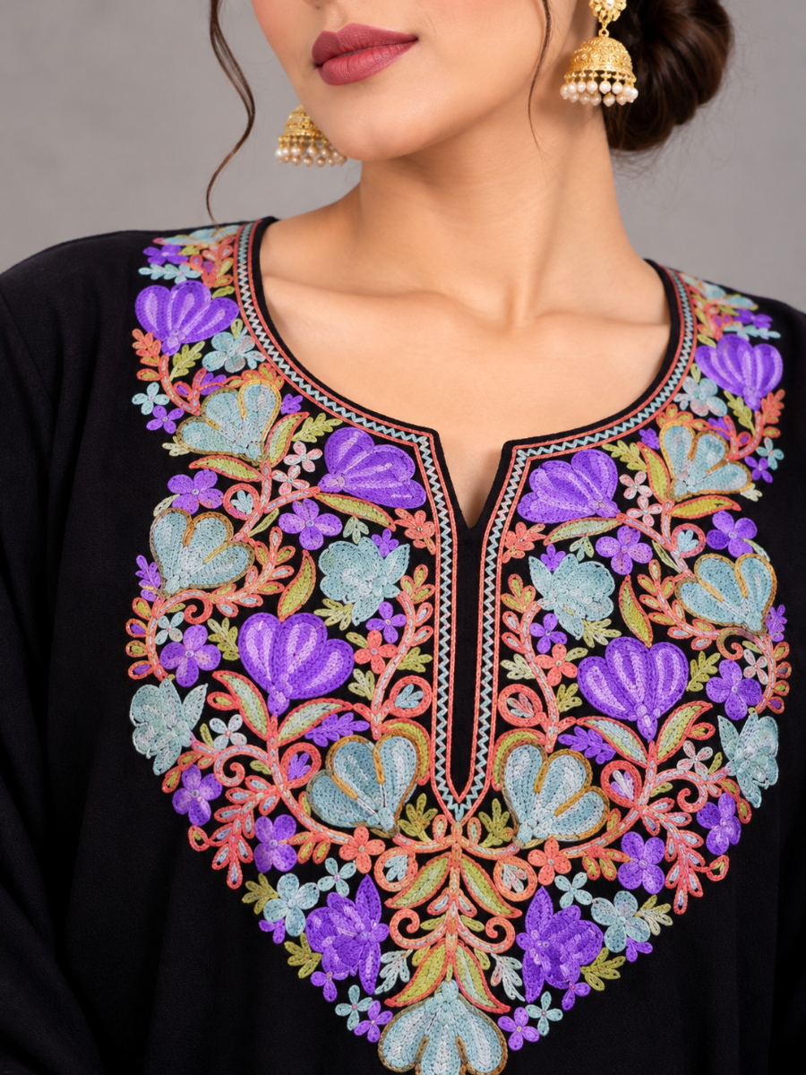Black Kashmiri Pheran with Purple & Aqua Floral Embroidery – KAARKASH