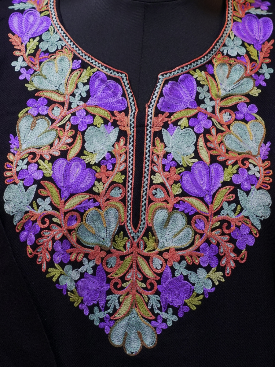Black Kashmiri Pheran with Purple & Aqua Floral Embroidery – KAARKASH
