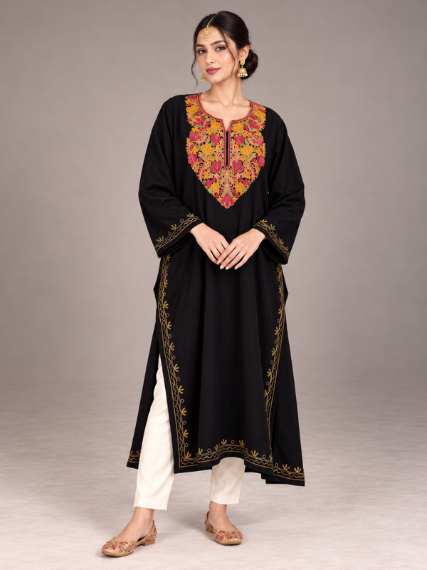 Black Kashmiri Pheran with Mustard & Pink Floral Embroidery – KAARKASH