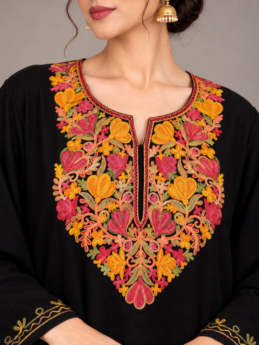 Black Kashmiri Pheran with Mustard & Pink Floral Embroidery – KAARKASH