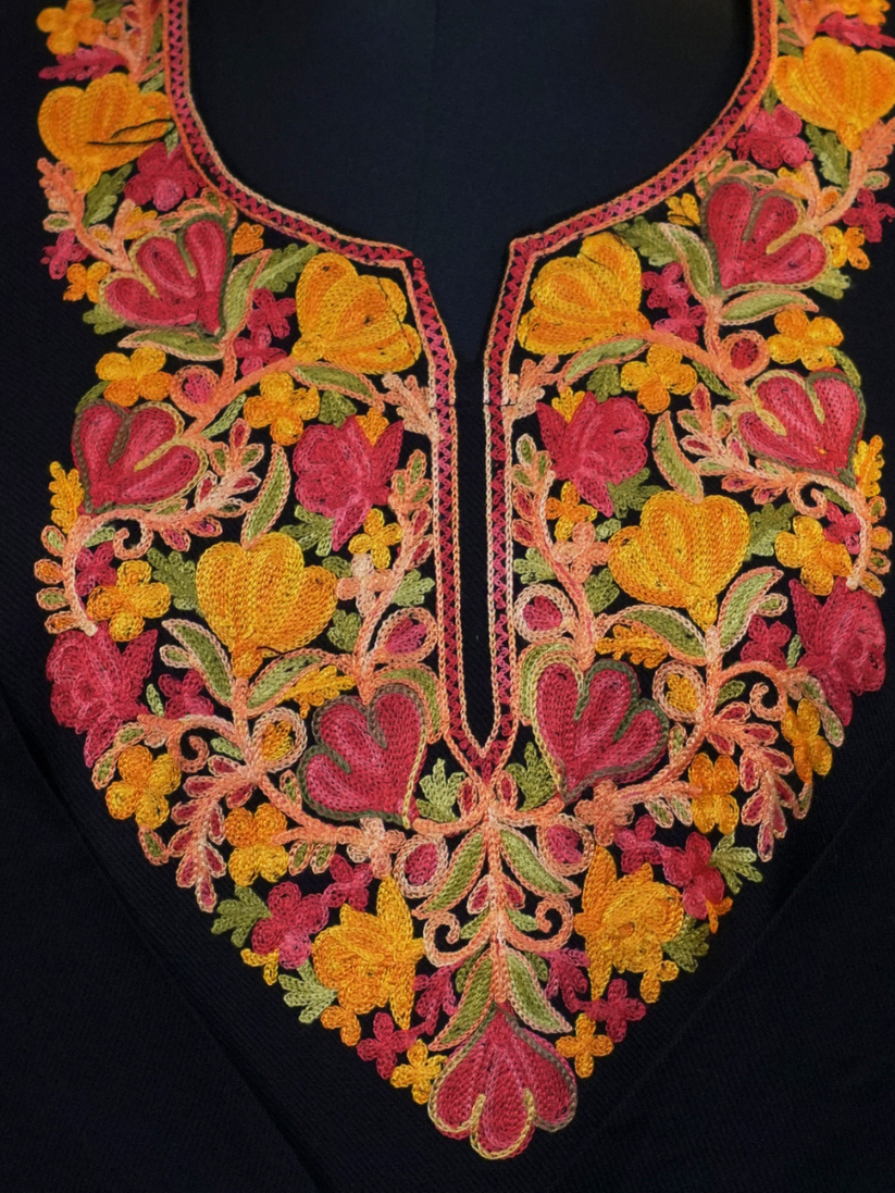 Black Kashmiri Pheran with Mustard & Pink Floral Embroidery – KAARKASH