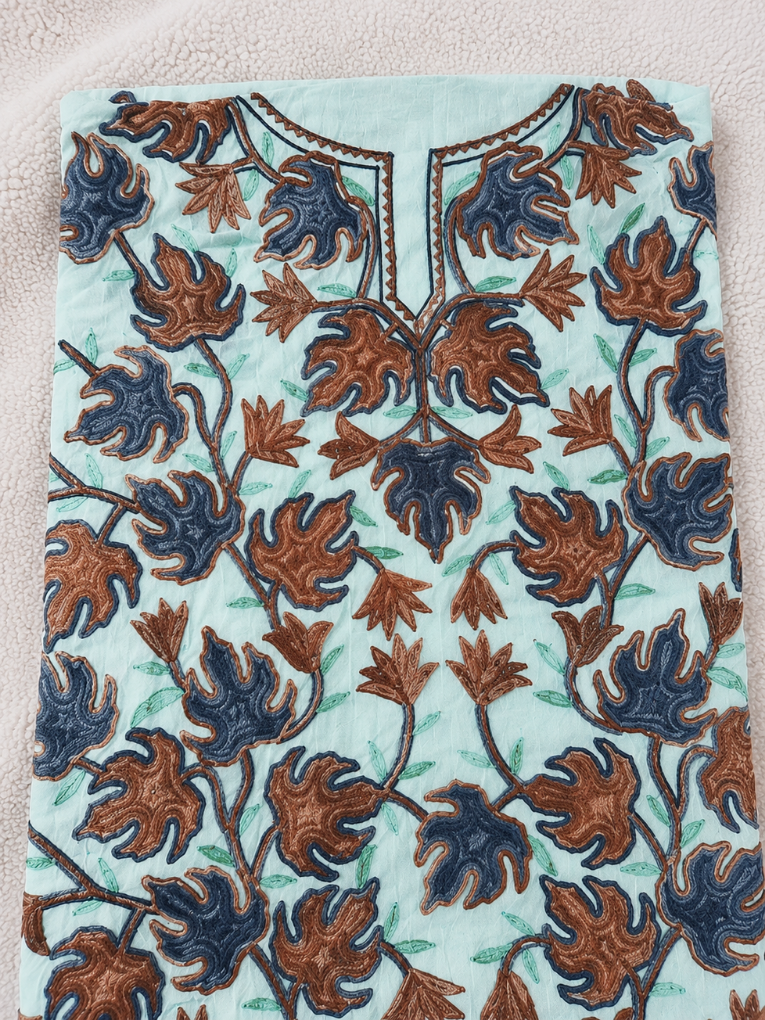 Chinar Motif Kashmiri Aari 2 Piece Unstitched Suit | Light Turquoise