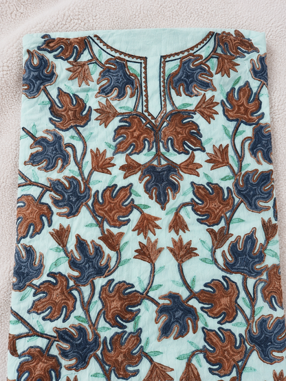 Chinar Motif Kashmiri Aari 2 Piece Unstitched Suit | Light Turquoise