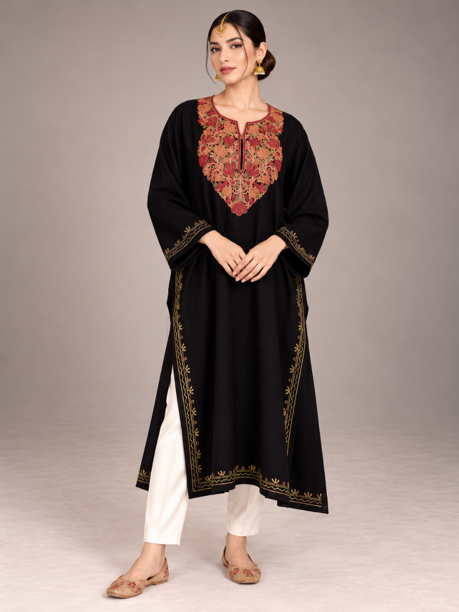 Black Kashmiri Pheran with Rust & Gold Floral Embroidery – KAARKASH