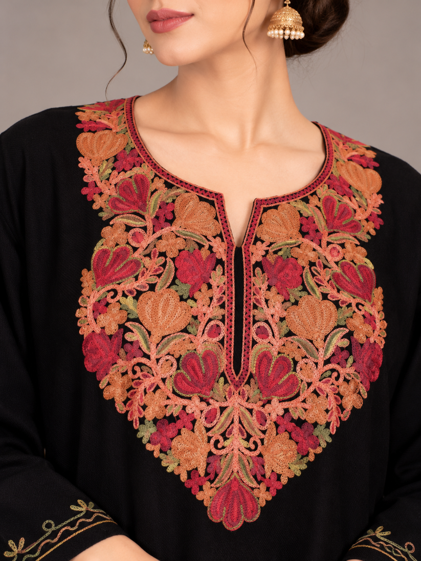 Black Kashmiri Pheran with Rust & Gold Floral Embroidery – KAARKASH