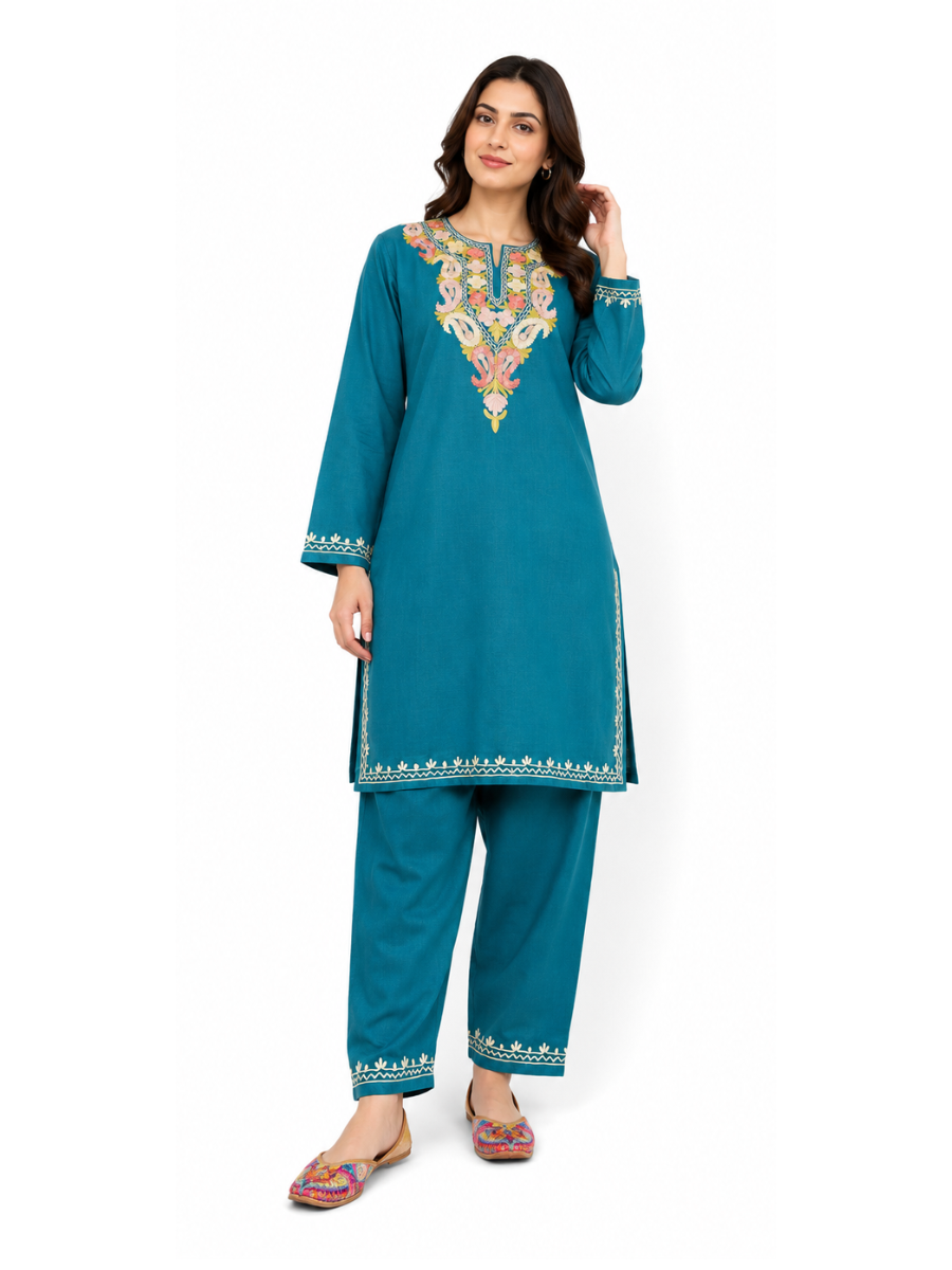 Kashmiri Manual Aari worked cotton Co-Ord Set | Dark Teal