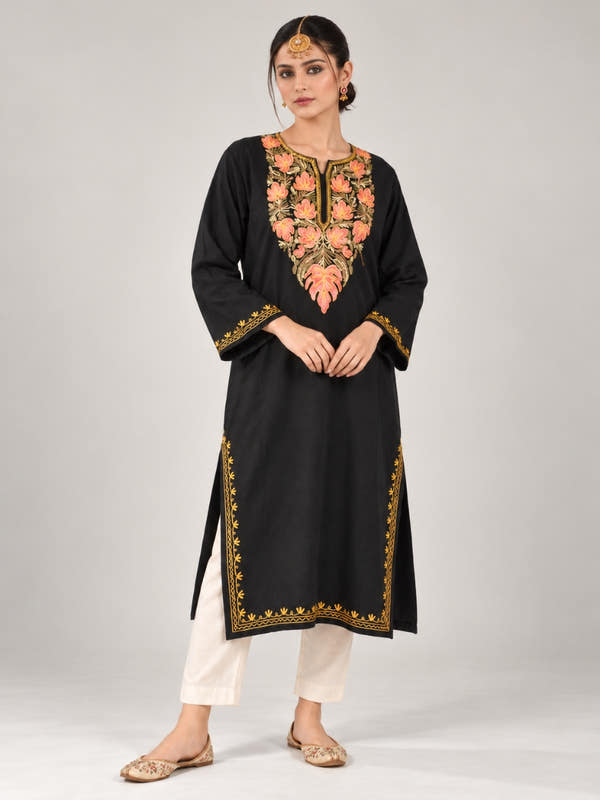 Black Kashmiri Pheran with Peach Chinar Embroidery – KAARKASH