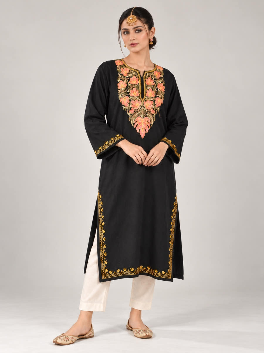 Black Kashmiri Pheran with Peach Chinar Embroidery | Aari Embroidered Wool Phiran