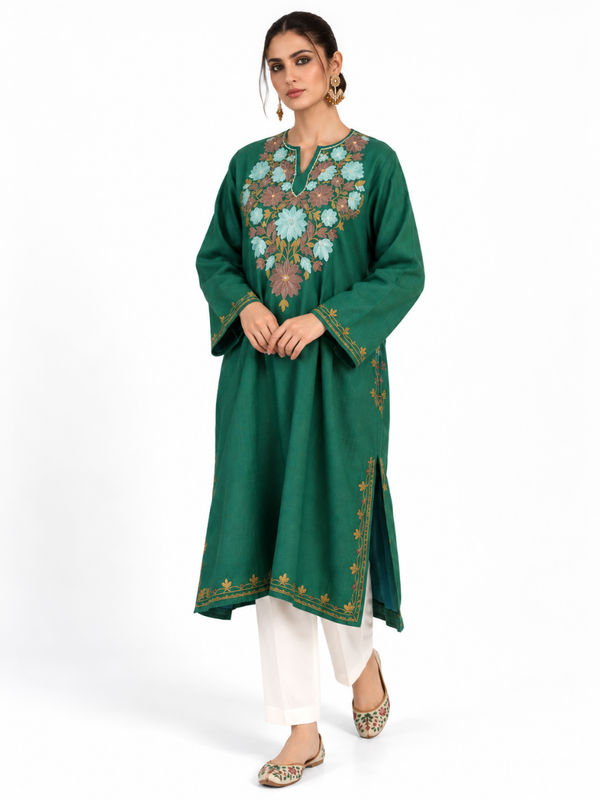 Emerald Green Kashmiri Pheran with Aqua Floral Embroidery – KAARKASH