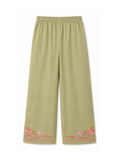 Noor : Kashmiri Aari embroidery summer Co-Ord Set | Olive Green