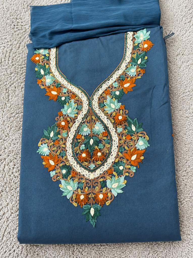 Kashmiri Botti Aari 3 Piece Unstitched Suit  | Blue Gray