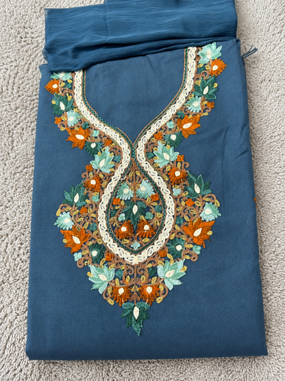 Kashmiri Botti Aari 3 Piece Unstitched Suit  | Blue Gray