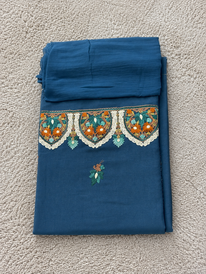Kashmiri Botti Aari 3 Piece Unstitched Suit  | Blue Gray