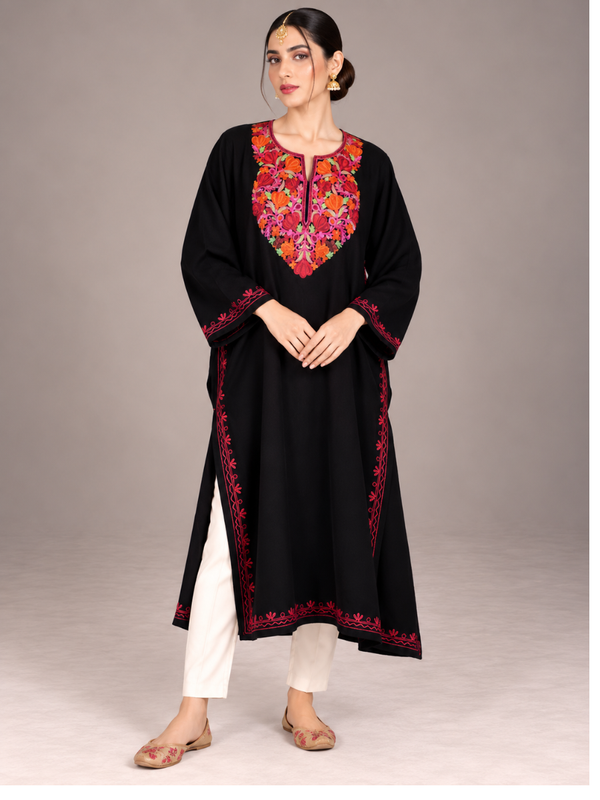 Black Kashmiri Pheran with Magenta & Orange Floral Embroidery – KAARKASH