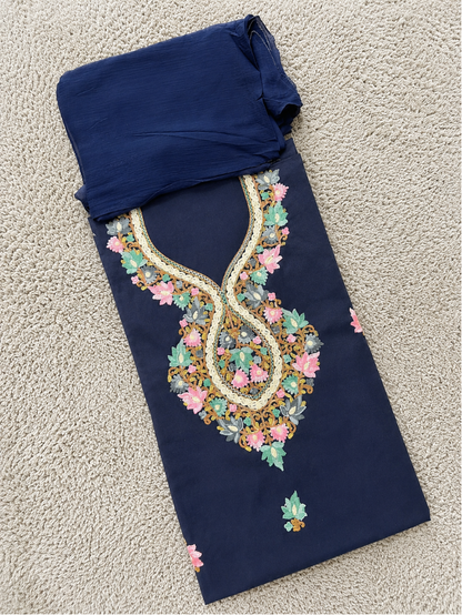 Kashmiri Botti Aari 3 Piece Unstitched Suit  | Indigo Blue