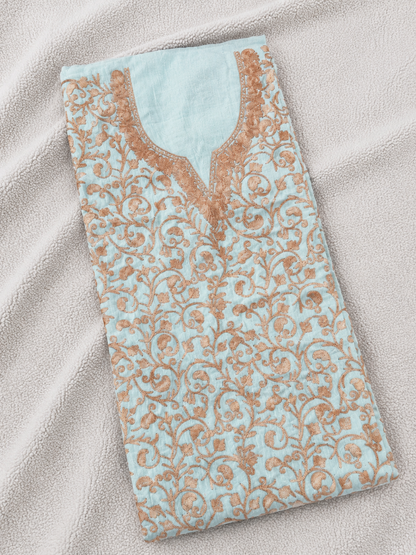 Kashmiri Botti Aari 2 Piece Unstitched Suit  |  Light Turquoise