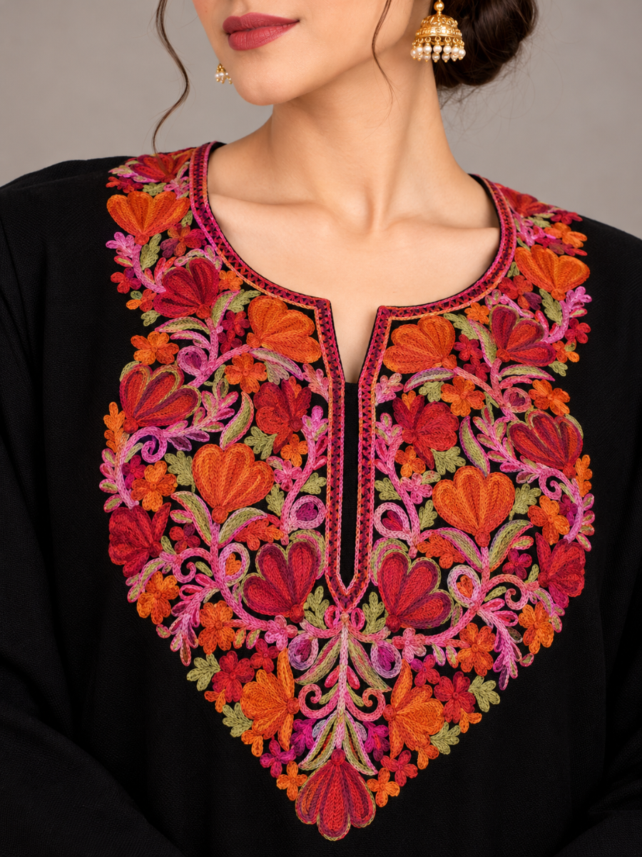 Black Kashmiri Pheran with Magenta & Orange Floral Embroidery – KAARKASH