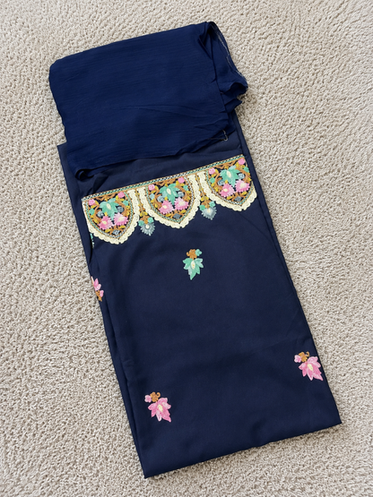 Kashmiri Botti Aari 3 Piece Unstitched Suit  | Indigo Blue