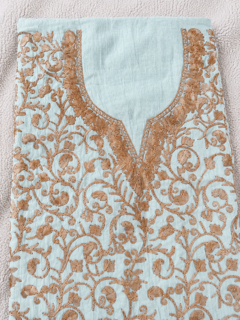 Kashmiri Botti Aari 2 Piece Unstitched Suit  |  Light Turquoise