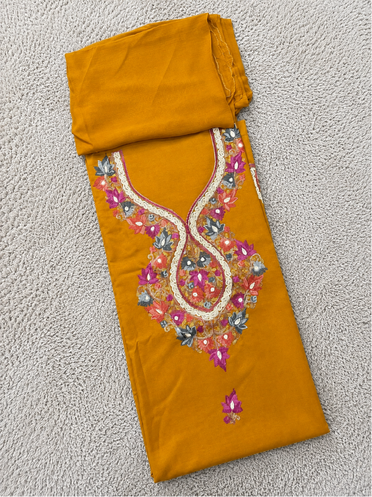 Kashmiri Botti Aari 3 Piece Unstitched Suit  | Mustard Yellow
