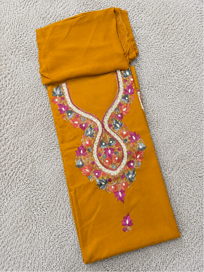 Kashmiri Botti Aari 3 Piece Unstitched Suit  | Mustard Yellow