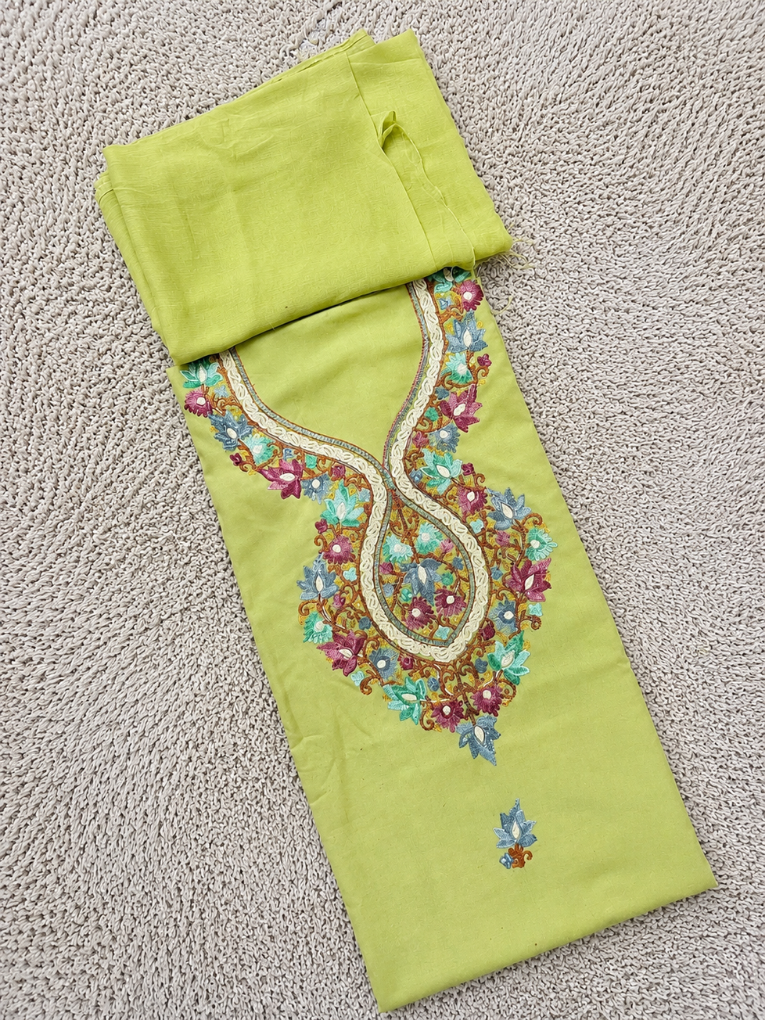 Kashmiri Botti Aari 3 Piece Unstitched Suit  | Olive Green