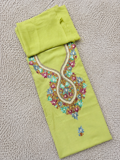 Kashmiri Botti Aari 3 Piece Unstitched Suit  | Olive Green