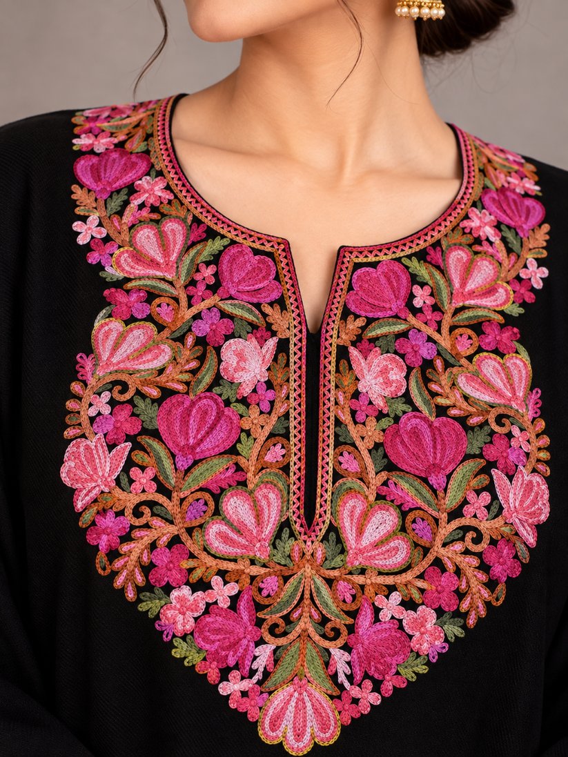 Black Kashmiri Pheran with Rose Pink & Gold Floral Embroidery – KAARKASH