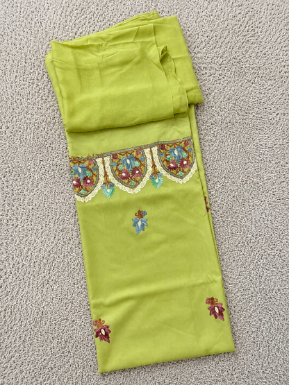 Kashmiri Botti Aari 3 Piece Unstitched Suit  | Olive Green