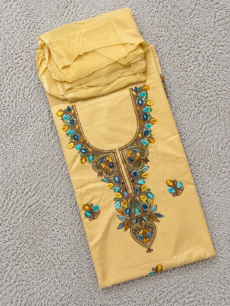 Kashmiri Botti Aari 3 Piece  Unstitched Suit  | Light Yellow