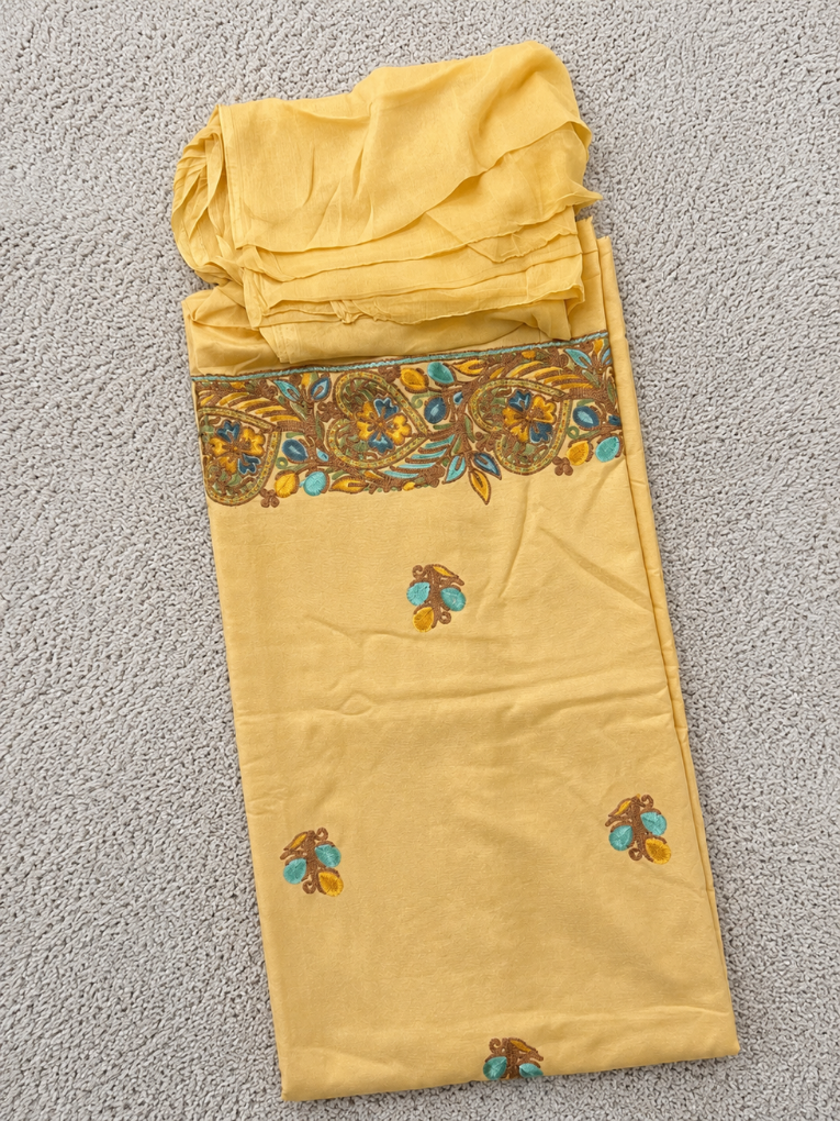 Kashmiri Botti Aari 3 Piece  Unstitched Suit  | Light Yellow