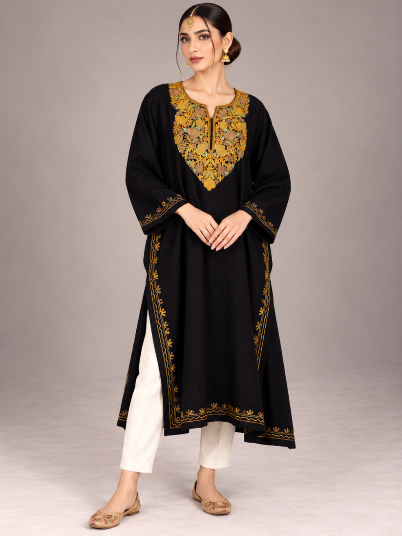 Black Kashmiri Pheran with Mustard & Gold Floral Embroidery – KAARKASH