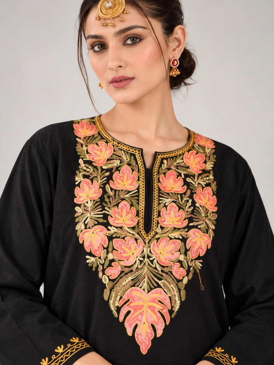 Black Kashmiri Pheran with Peach Chinar Embroidery – KAARKASH