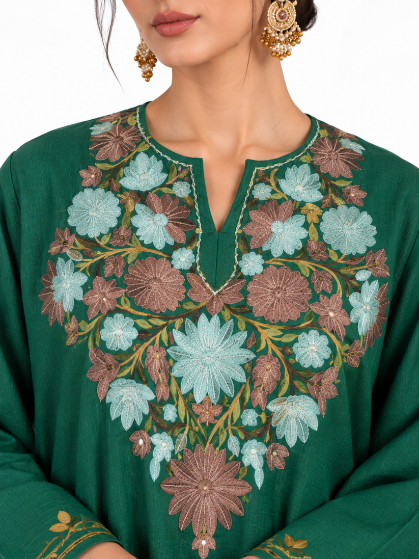 Emerald Green Kashmiri Pheran with Aqua Floral Embroidery – KAARKASH