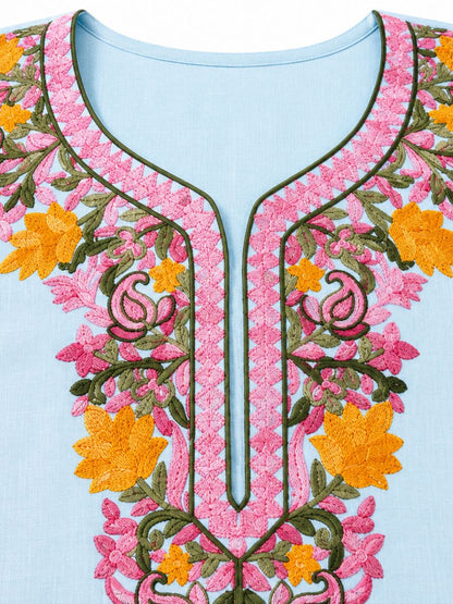 Noor : Kashmiri Aari embroidery summer Co-Ord Set | Aqua