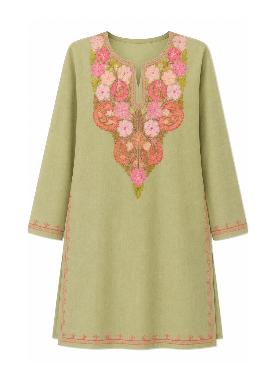 Noor : Kashmiri Aari embroidery summer Co-Ord Set | Olive Green