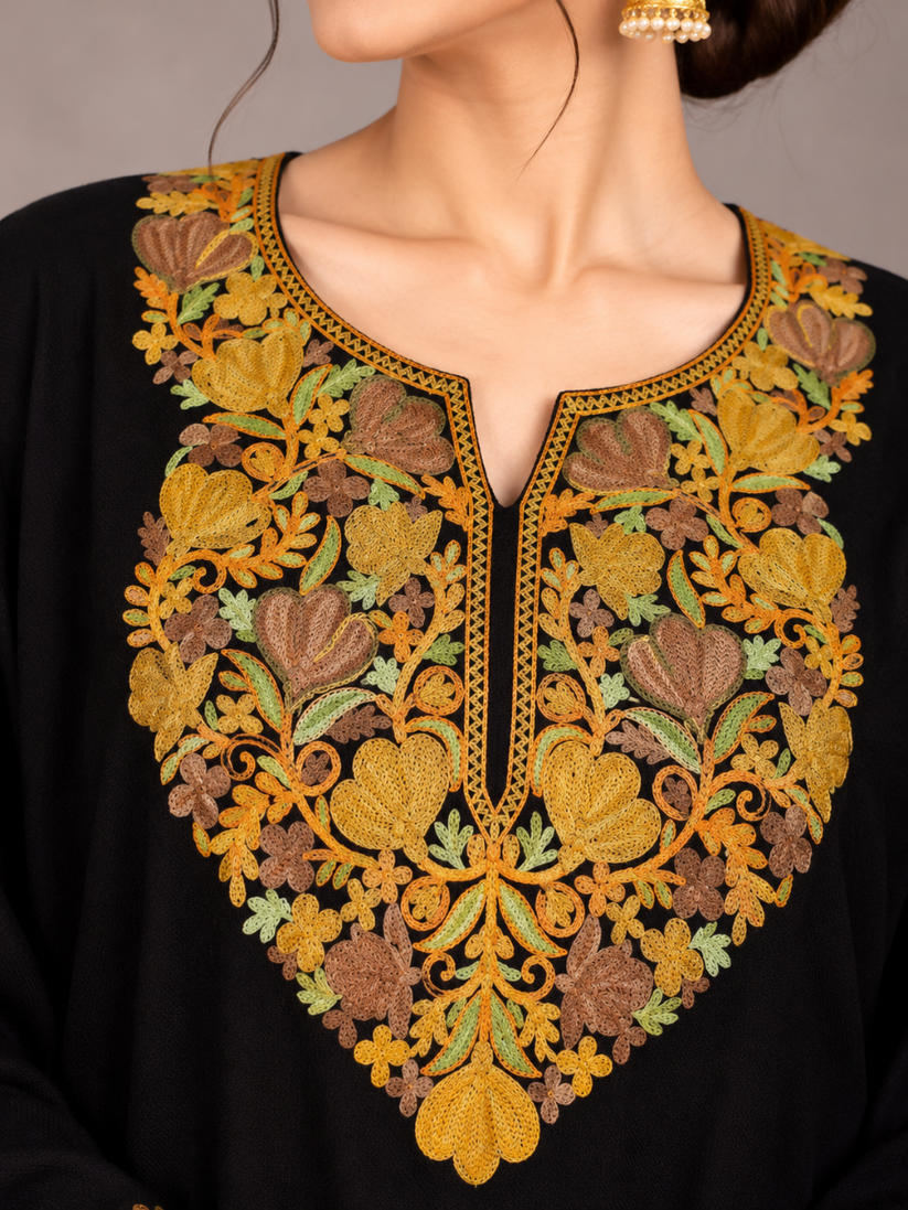 Black Kashmiri Pheran with Mustard & Gold Floral Embroidery – KAARKASH