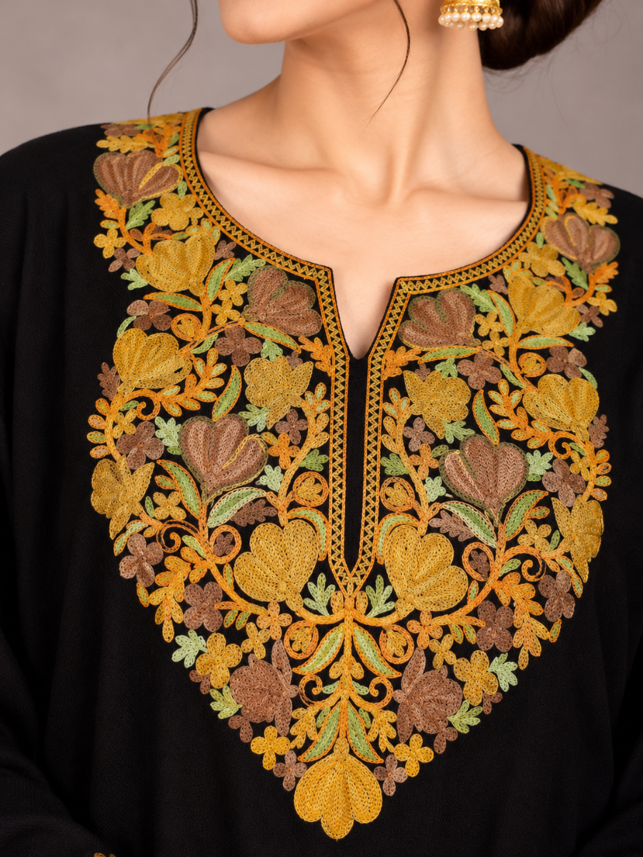 Black Kashmiri Pheran with Mustard & Gold Floral Embroidery – KAARKASH