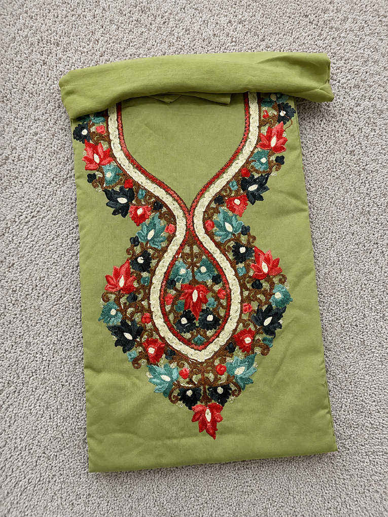 Kashmiri Botti Aari 3 Piece  Unstitched Suit | Olive Green