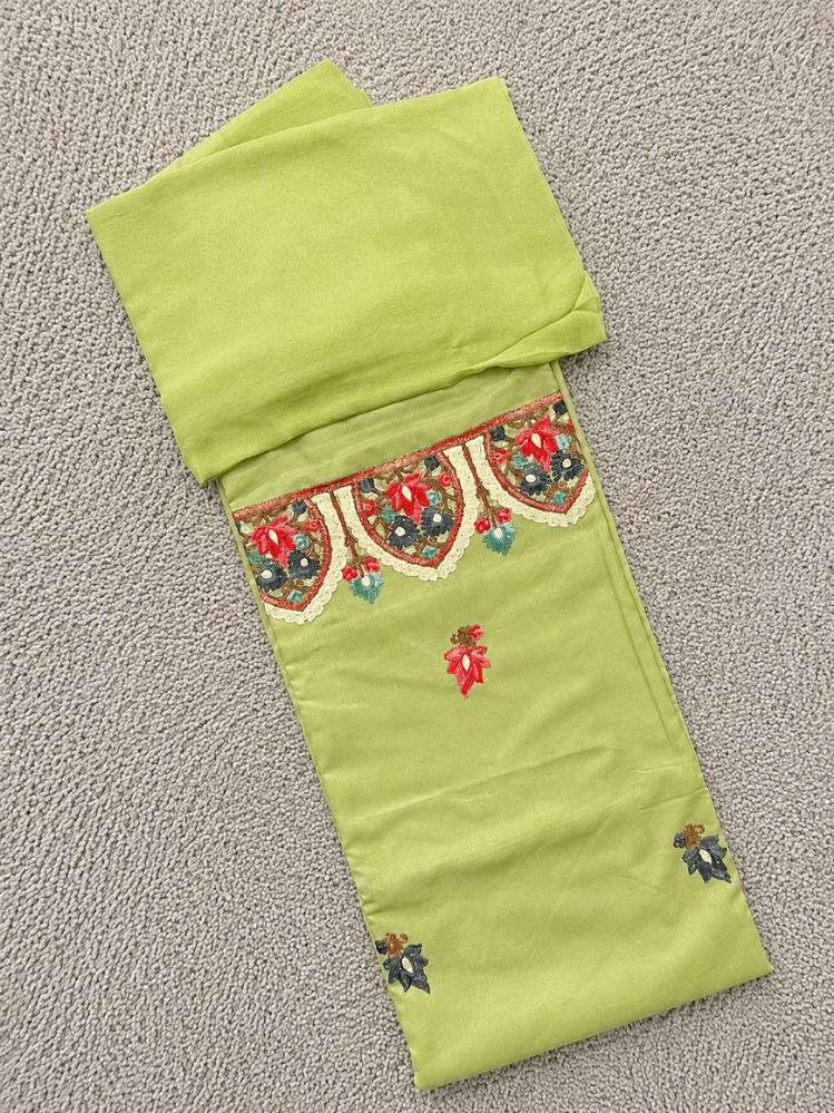 Kashmiri Botti Aari 3 Piece  Unstitched Suit | Olive Green