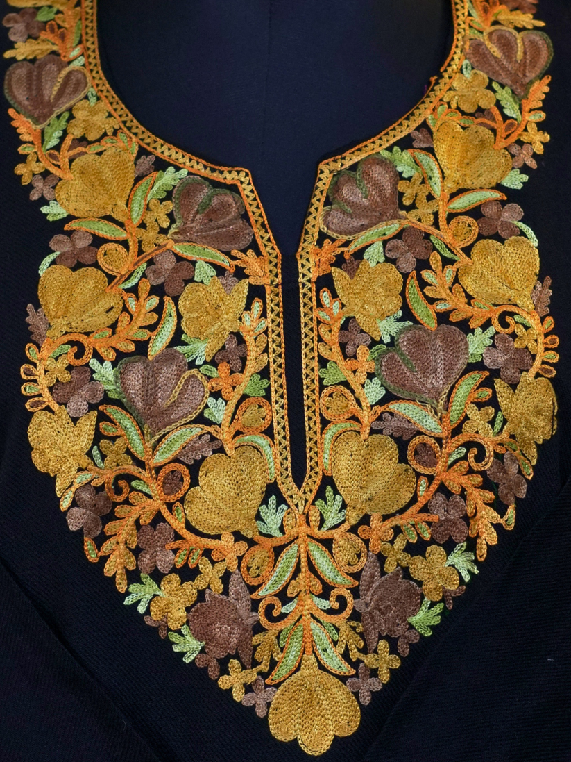 Black Kashmiri Pheran with Mustard & Gold Floral Embroidery – KAARKASH